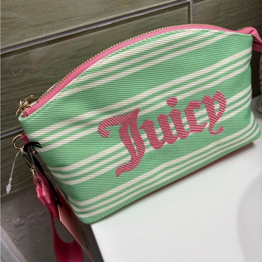 Juicy Couture Exclusive Mint Green & Pink Striped Cosmetic Pouch